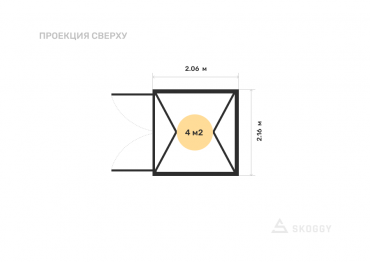 Мини хозблок стандартный 2 м с двускатной крышей и торцевой дверью вид сверху